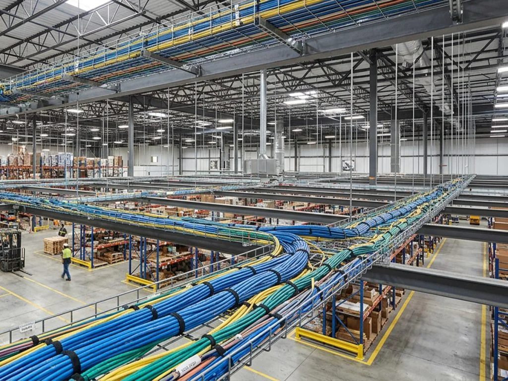 Industrial electrician installing wiring in a Los Angeles warehouse