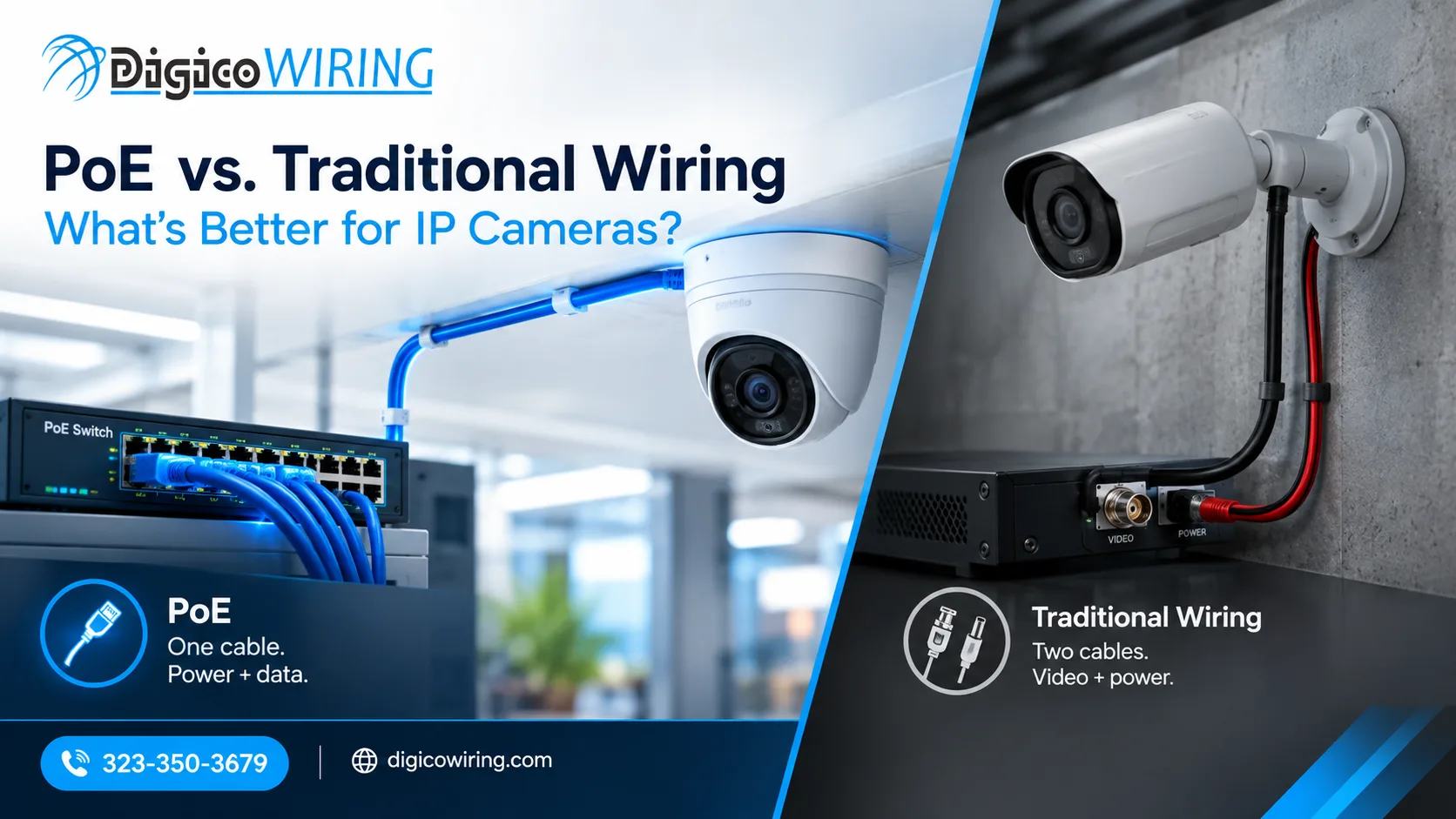 PoE IP camera connected via Ethernet cable to a network switch